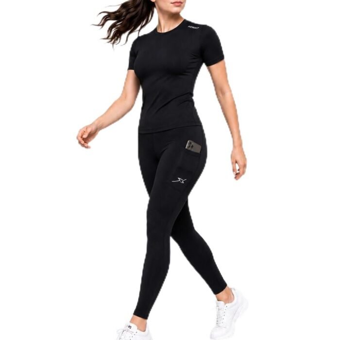 Women's Gym Co-ord Set, Black, Premium Athletic Leggings with Phone Pocket and Short Sleeve Top (Standard, BLACK)