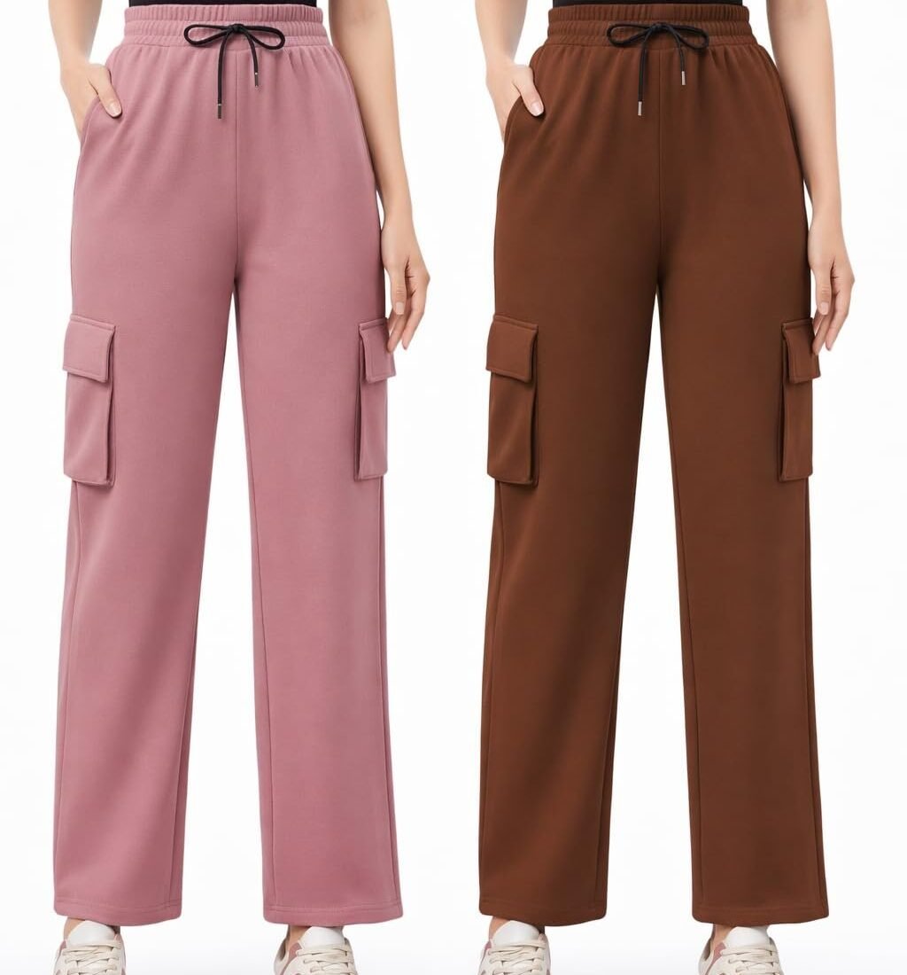 Pack of 2 Women’s 4 Pocket Cargo Joggers, Soft Twill Cotton Comfortable Track Pants | High-Waist Cargo for Office, Travel, Gym Workout & Casual Wear (in, Alpha, Standard, Pink and Coffee)