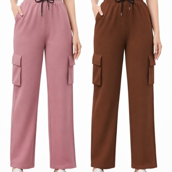 Pack of 2 Women’s 4 Pocket Cargo Joggers, Soft Twill Cotton Comfortable Track Pants | High-Waist Cargo for Office, Travel, Gym Workout & Casual Wear (in, Alpha, Standard, Pink and Coffee)