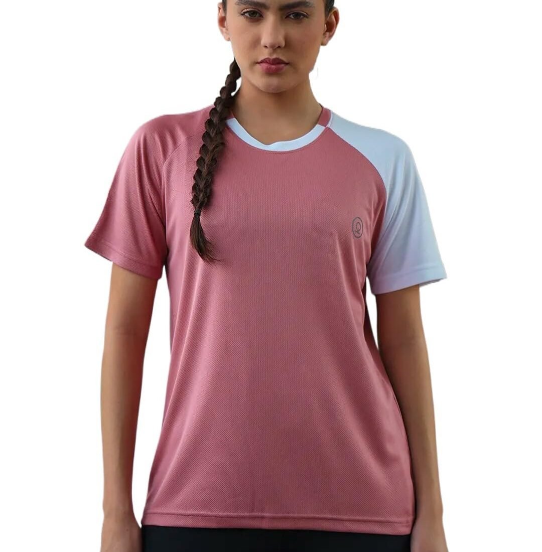 Gym Tshirt for Women Workout Activewear Regular Fit T Shirt for Woman Round Crew Neck Half Sleeves Best for Sports Activities Pink White M