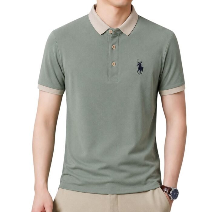Mens Polyester T-Shirt Lightweight Quick Dry Collared Neck Half Sleeve Casual Sports Tee for Gym, Running, Training & Daily Use (Green-L)