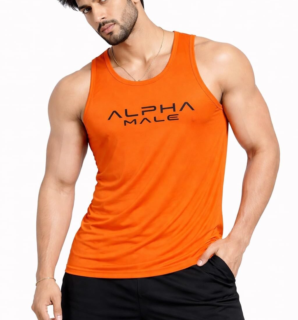 Gym Vest for Men | Dry Fit Sando | Sleeveless T-Shirt for Gym Workout | Quick Dry Breathable Tank Top | Multicolor (in, Alpha, Regular, Orange)