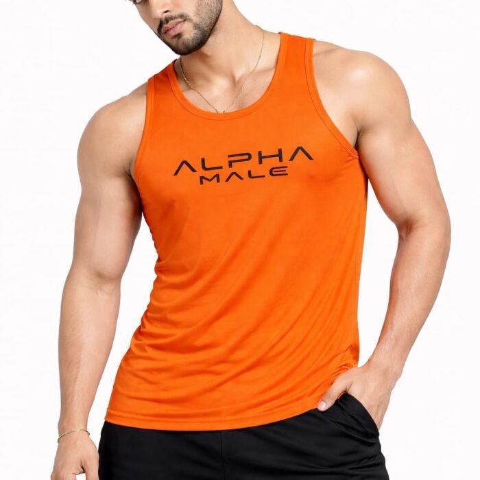 Gym Vest for Men | Dry Fit Sando | Sleeveless T-Shirt for Gym Workout | Quick Dry Breathable Tank Top | Multicolor (in, Alpha, Regular, Orange)
