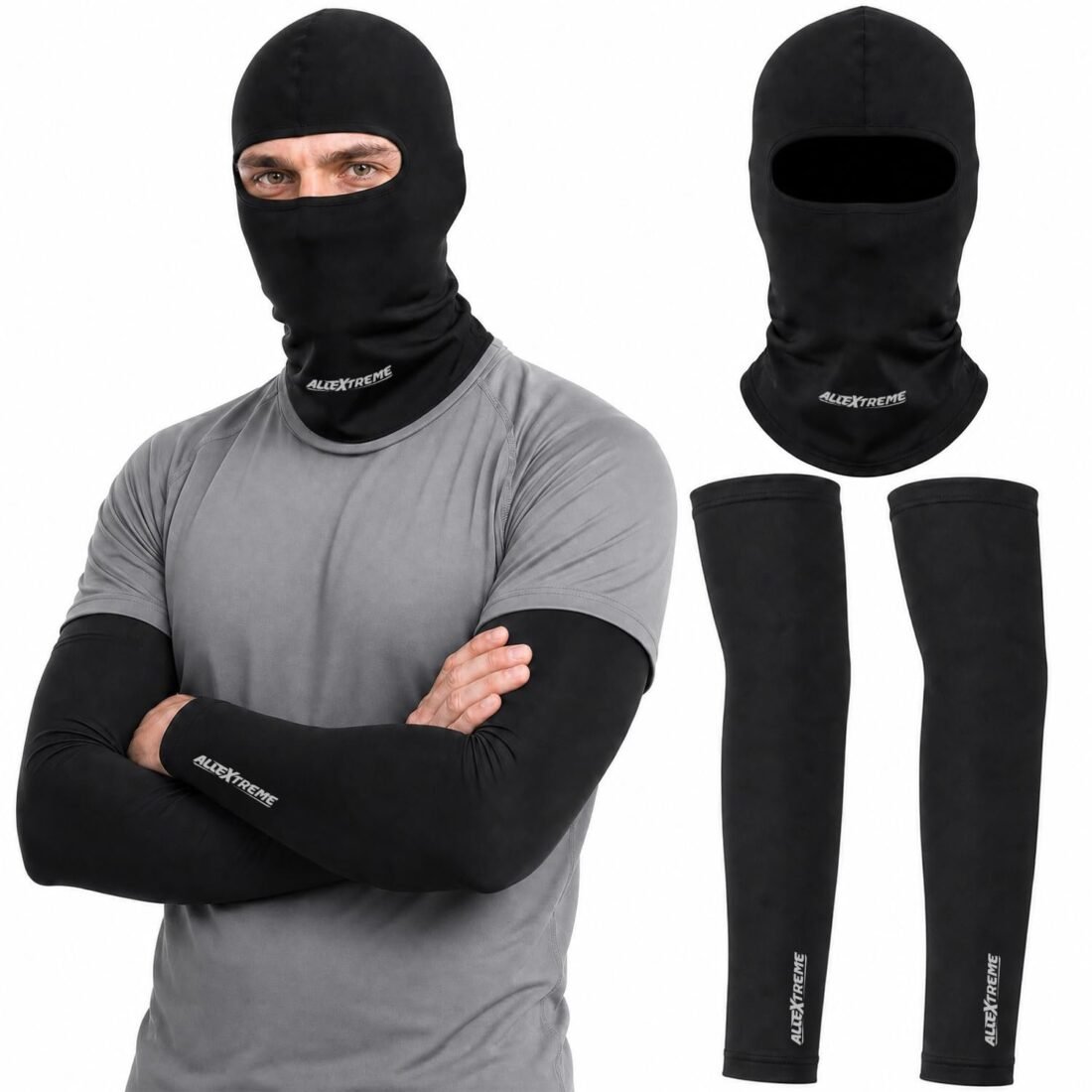 Arm Sleeves & Neck Gaiter Set Reusable UV Protection Cotton Balaclava Bandana with Hand Cover for Men Women Bike Riding Running Cycling Outdoor Protective Bike Riding Gear (Jet Black)