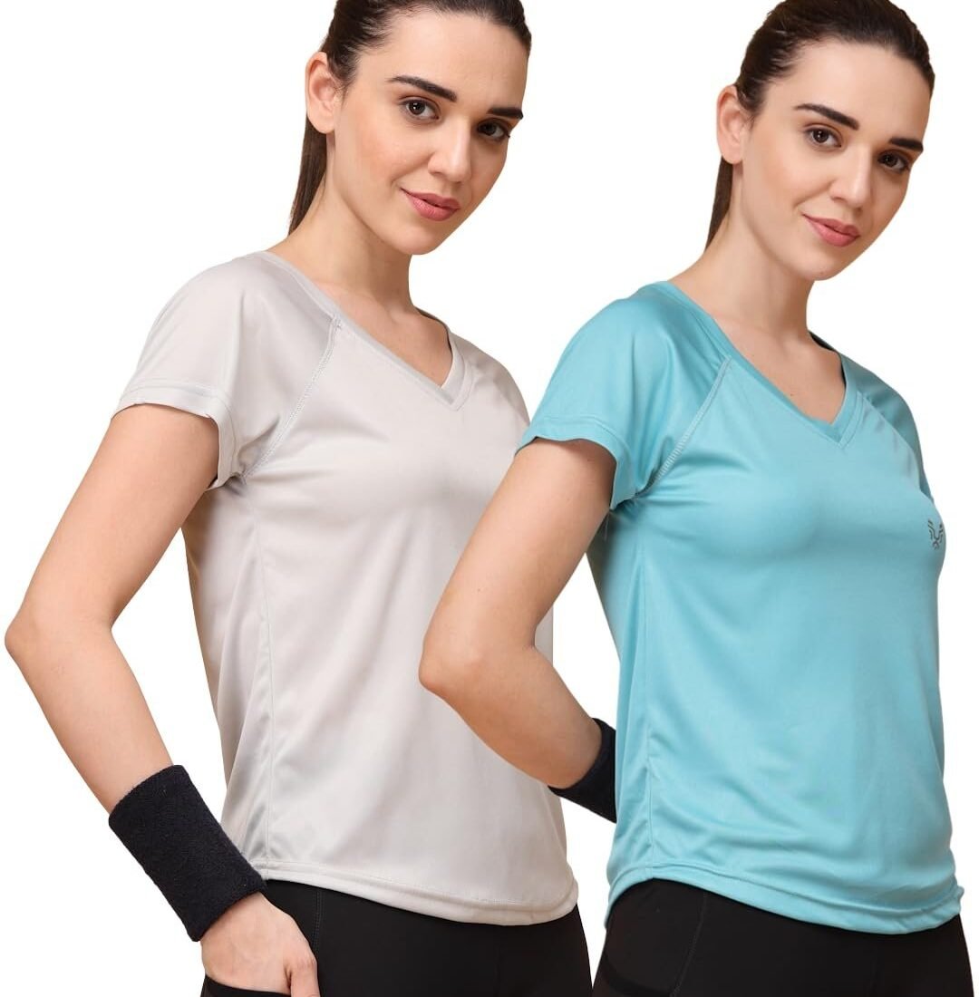 Women's V-Neck Sports T-Shirt | Pack of 2 | Gym, Yoga & Activewear Top (Grey, Pine)
