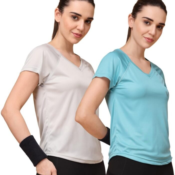 Women's V-Neck Sports T-Shirt | Pack of 2 | Gym, Yoga & Activewear Top (Grey, Pine)