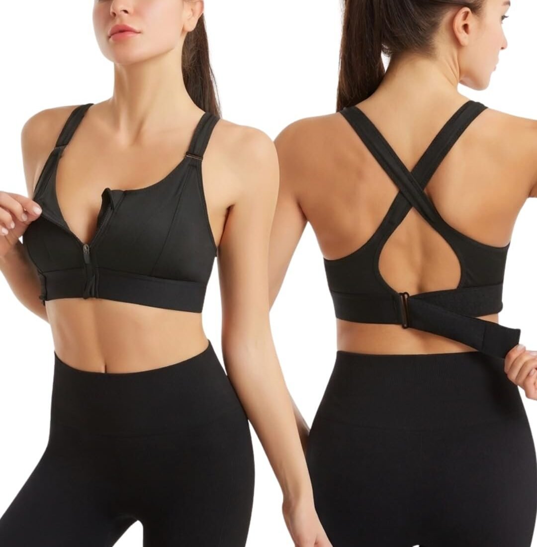 Woman's Sports Bra|Polyester Spandex High Impact Front Zip Sports Bra |Size:- S to 5XL |Gym Workout & Yoga Running Activewear Bra with Criss Cross Back Support (Sport-Zipper-Black)