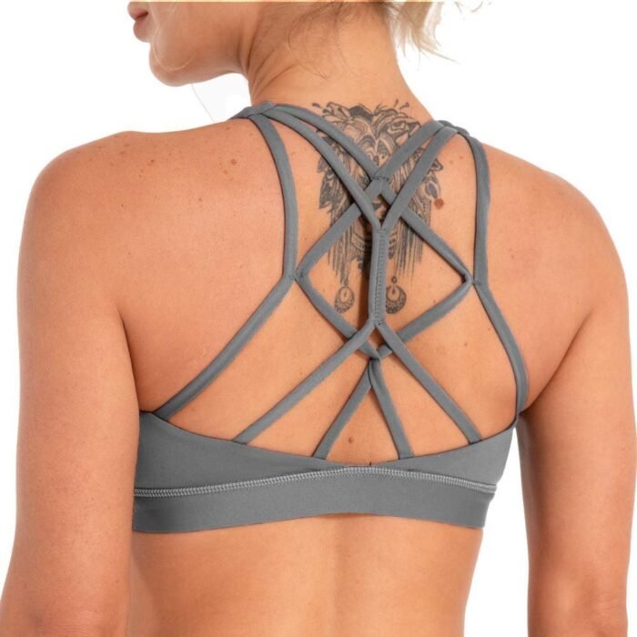 Women's Sports Bra Medium Impact Strappy Back Yoga Workout Tops Bralettes, Steel Gray-1, Small