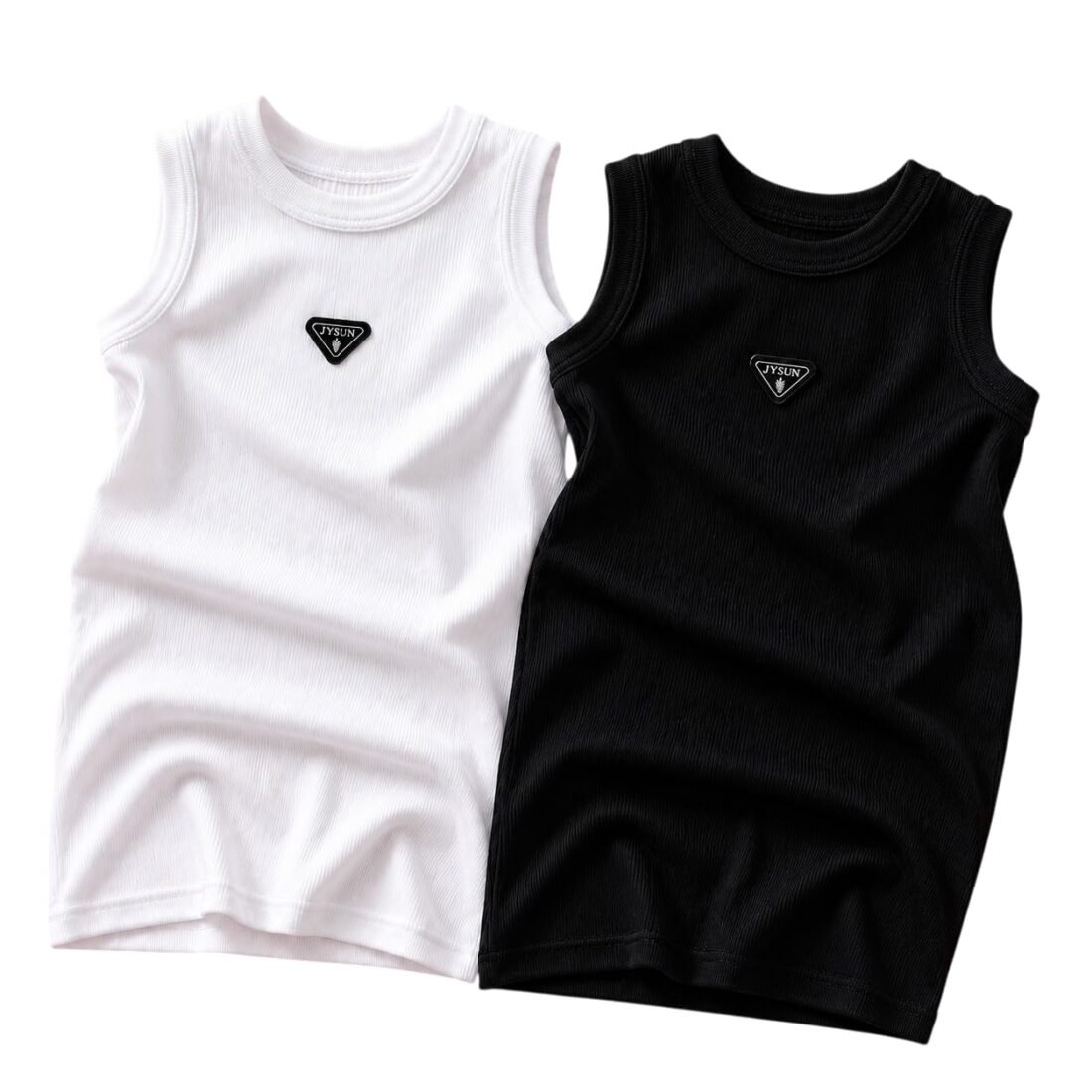 JYSUN Ribbed Sleeveless Tank Top for Men, Round Neck, Triangle Logo Badge, White and Black, Pack of 2 (in, Alpha, Regular)