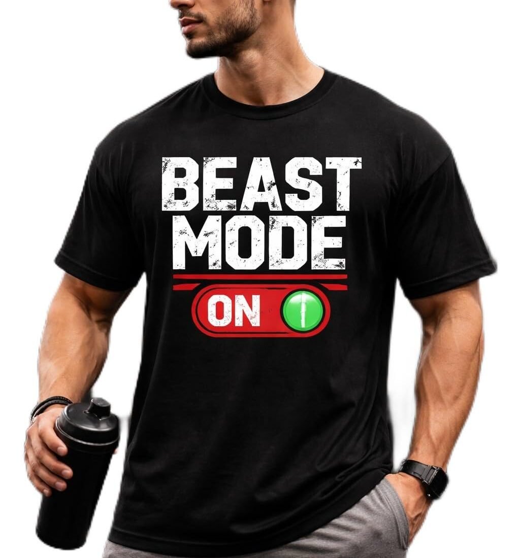 Men's Beast Mode On Printed Round Neck Gym T-Shirt, Regular Fit, Half Sleeve, Black