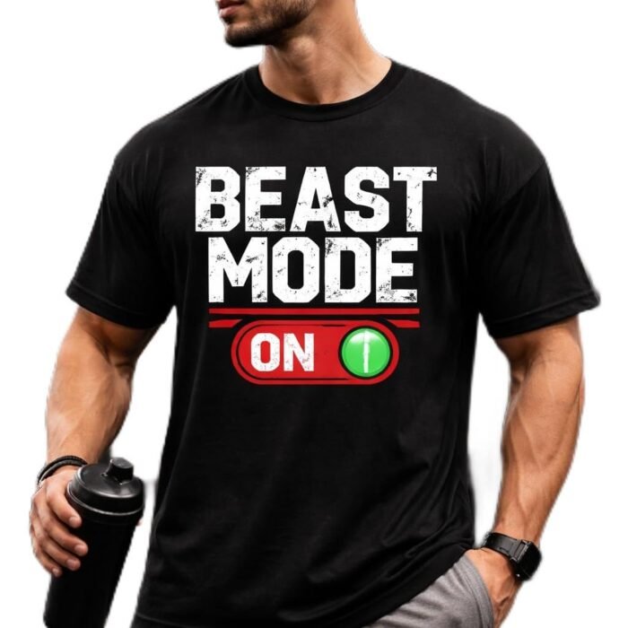 Men's Beast Mode On Printed Round Neck Gym T-Shirt, Regular Fit, Half Sleeve, Black