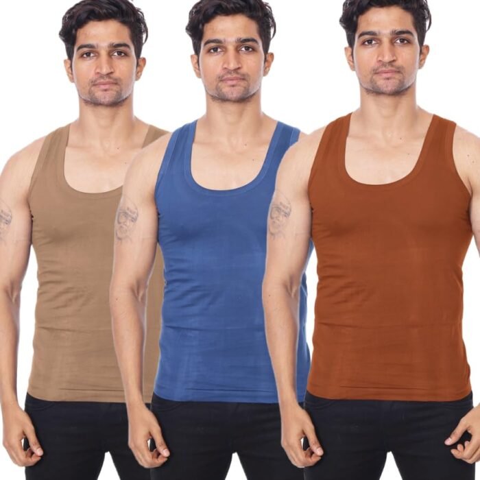 Poomex Men's and Boy's Vest Color Sleeveless Pack of 3pcs (Large) Multicolour