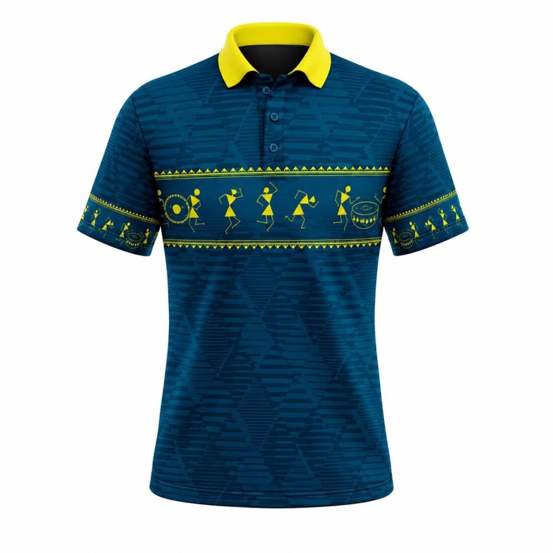 Men's NEXA-602 Premium Warli Print Sports Polo Jersey, Teal Blue