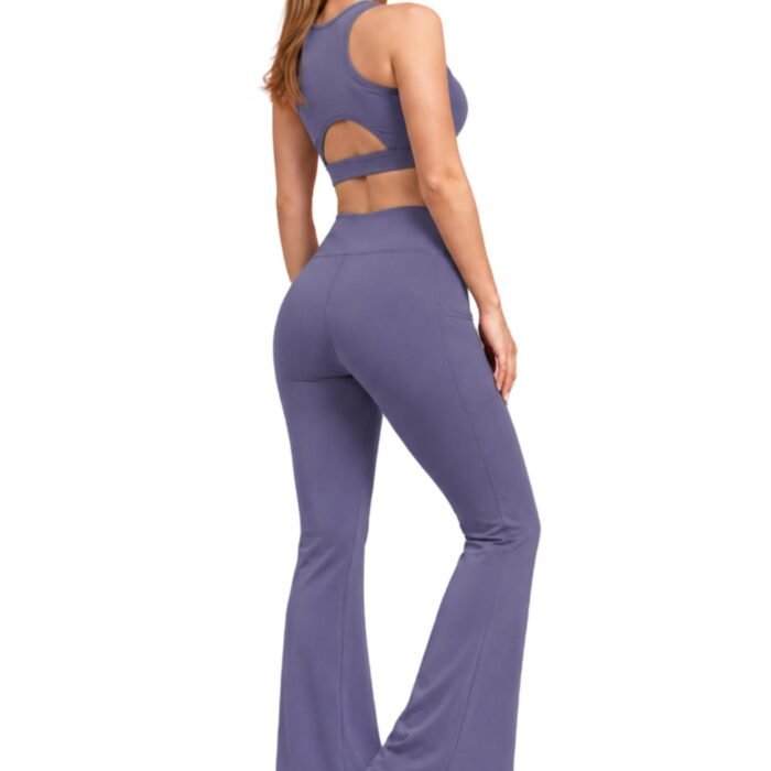 Women’s Gym Co-Ord Set | Sports Bra & High Waist Flared Yoga Pants with Pocket, Bootcut Tights Tracksuit | Yoga Workout Activewear Set for Running, Fitness & Lounge Wear, Lavender
