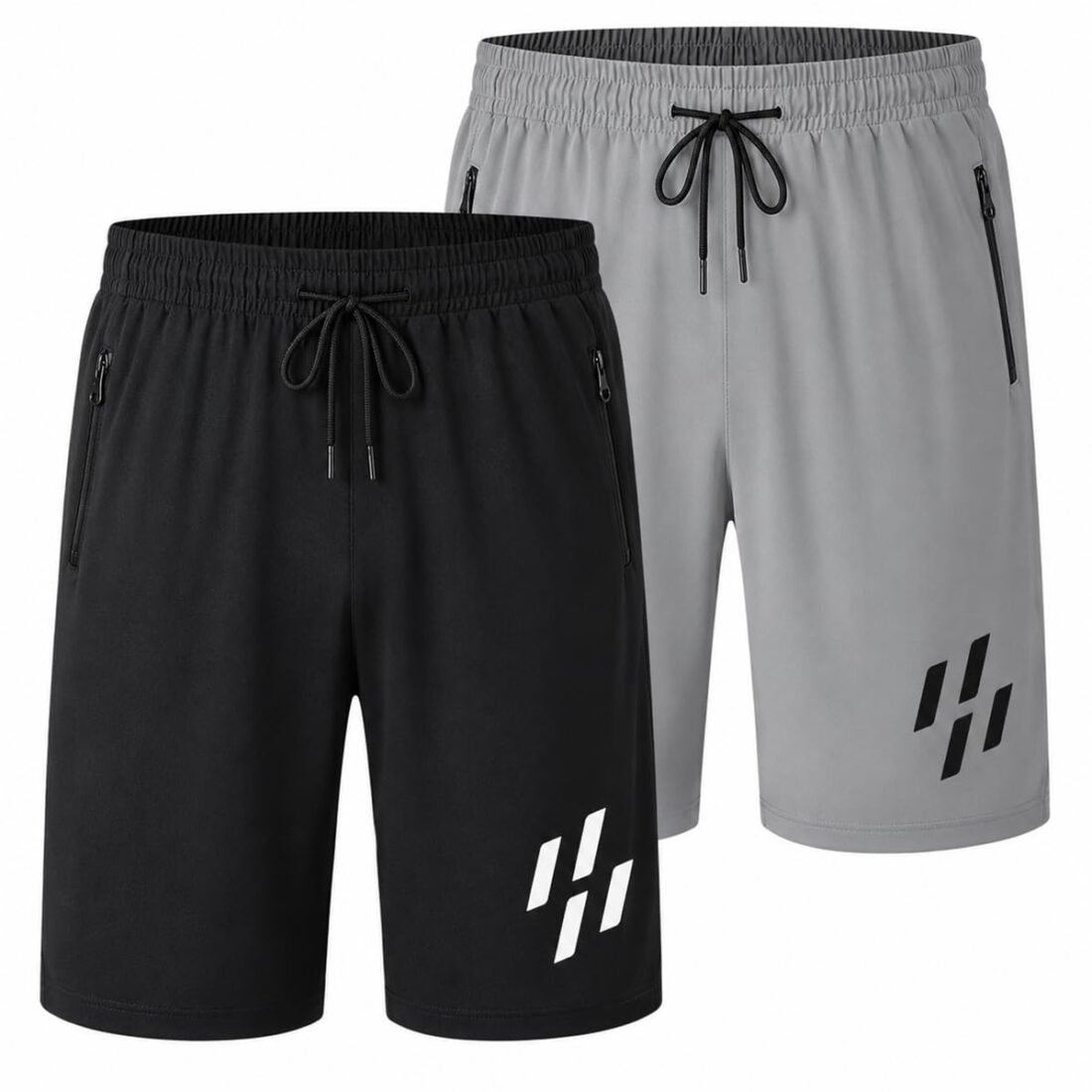 Men's Athletic Shorts 2 Pack, Navy Blue and Grey with Zip Pockets