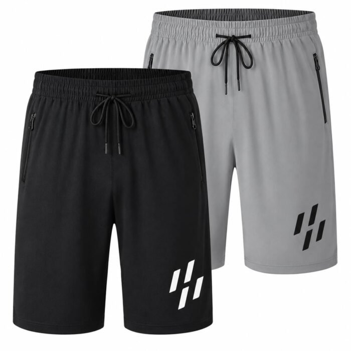 Men's Athletic Shorts 2 Pack, Navy Blue and Grey with Zip Pockets