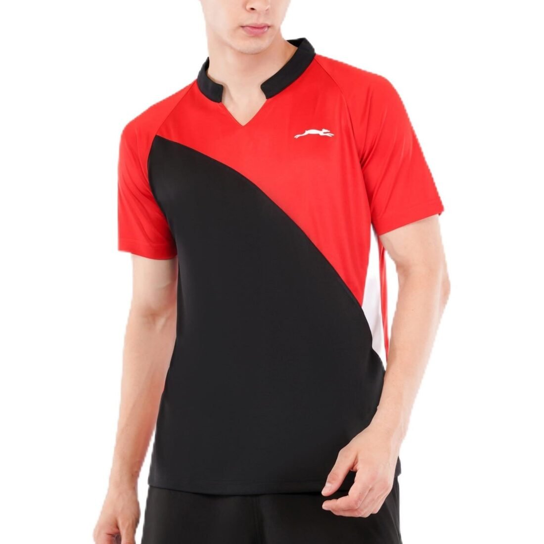 Men Sports T-Shirt | Polyester | V-Neck | Active Gym Wear | Red & Black