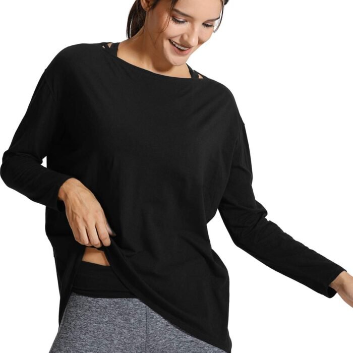 Long Sleeve Workout Shirts for Women Loose Fit-Pima Cotton Yoga Shirts Casual Fall Tops Shirts Black Large