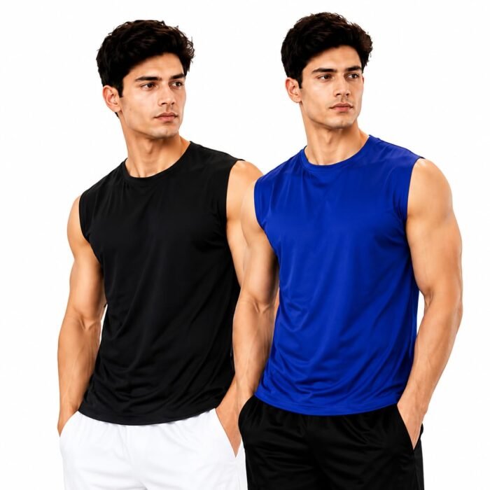 Men's Sleeveless Polyester Vest Regular Fit Regular Fit Gym & Sports Wear (Blue-Black)