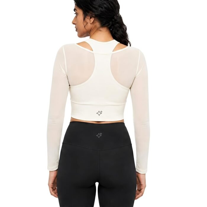 Aura Mesh Sleeve Padded Crop Top for Women, Built-in Bra Yoga Top with Breathable Mesh Panels, Moisture Wicking Gym Shirt Cream White - Size S