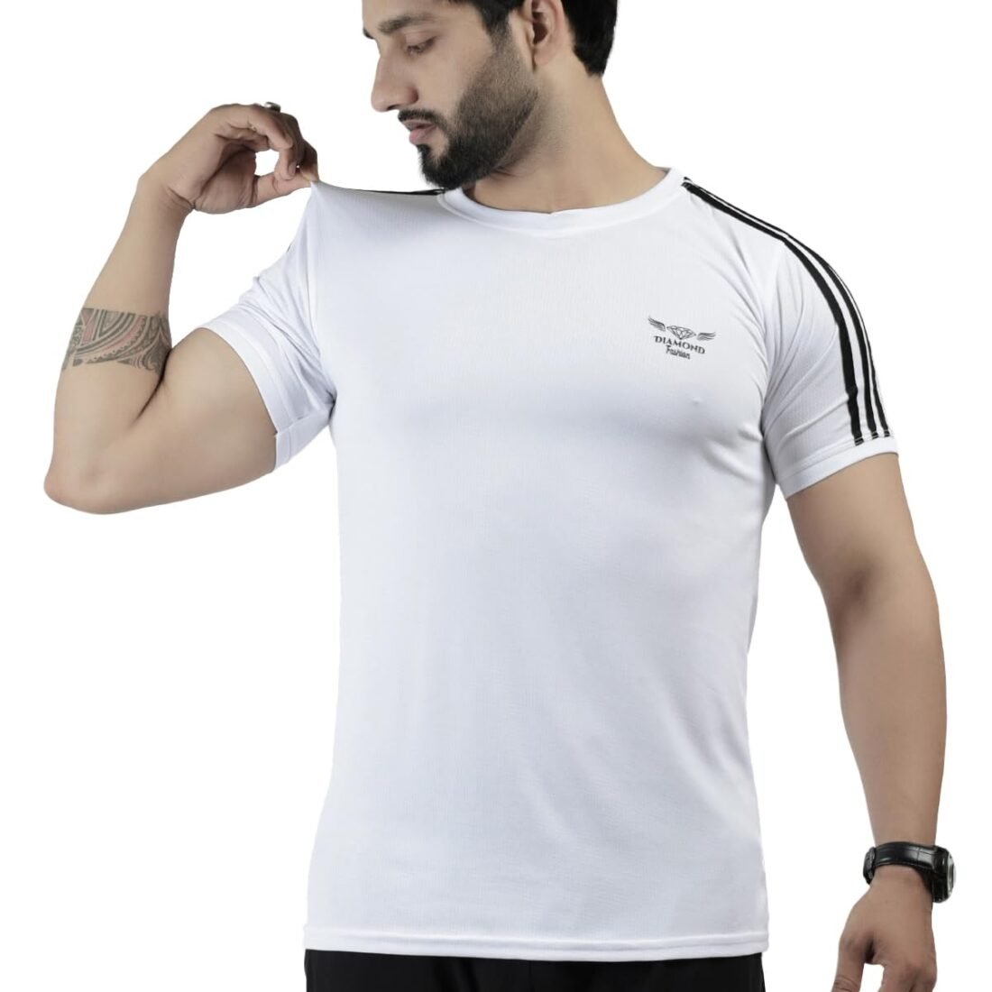 Diamond Fashion Men's Dry Fit Gym T-Shirt | Quick Dry Sports Wear for Workout, Running, Training | Athletic Fit Half Sleeve Tee with Stripes (in, Alpha, Regular, White)
