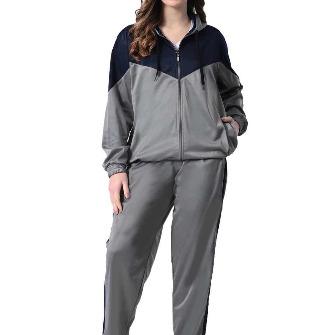 Women Solid Stylish Polyester Zipper Hoodie Tracksuits for Winter (Pack of 1) Grey