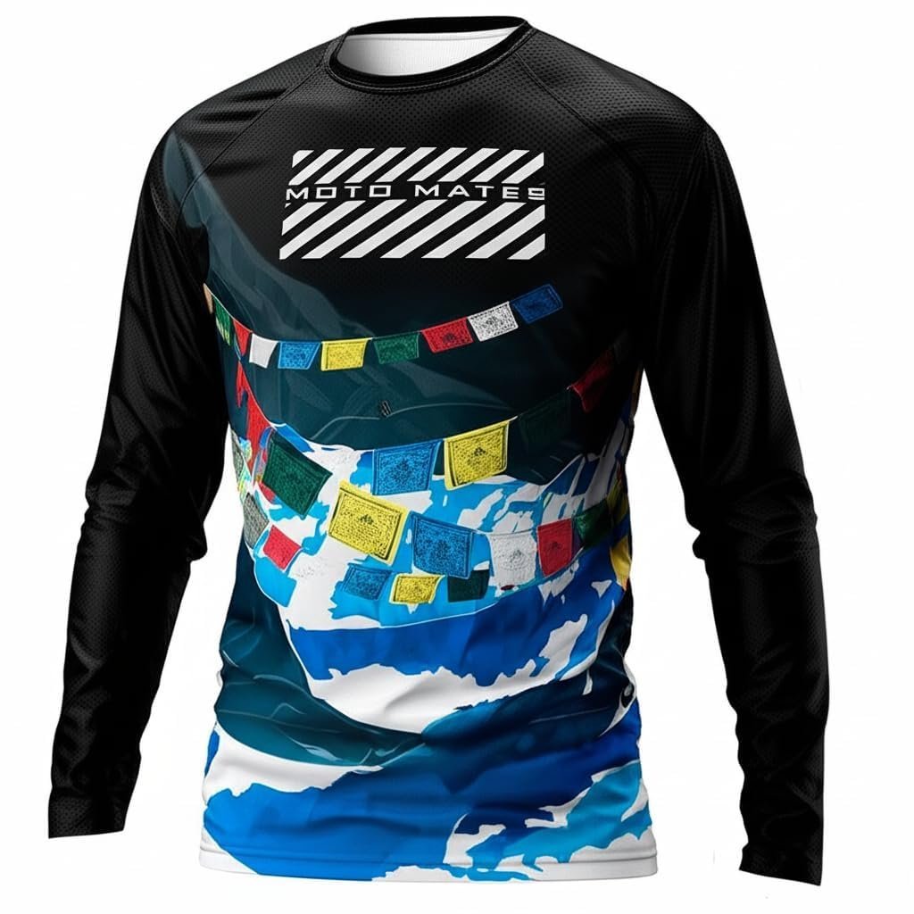 MotoMates Motorcycle Riding Jersey for Men Himalayan Flags Theme Breathable & Protective Long Sleeve T-Shirt for Biker, Dirt Bike, ATV, MTB, Off-Road Multicolour