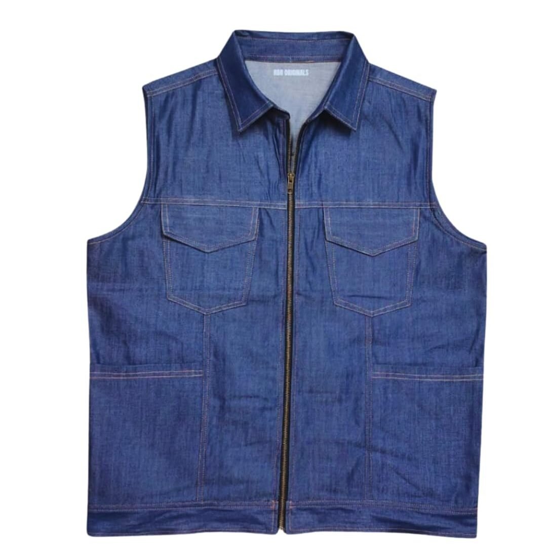Men's Denim Motorcycle Vest, Blue, Sleeveless Zip-Up with Chest Pockets, Classic Casual Style