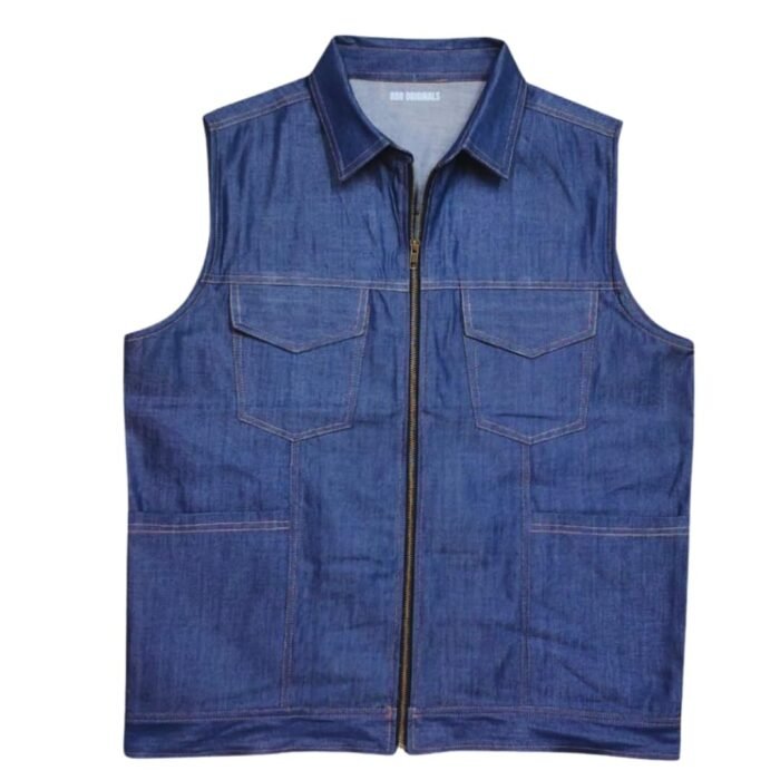 Men's Denim Motorcycle Vest, Blue, Sleeveless Zip-Up with Chest Pockets, Classic Casual Style