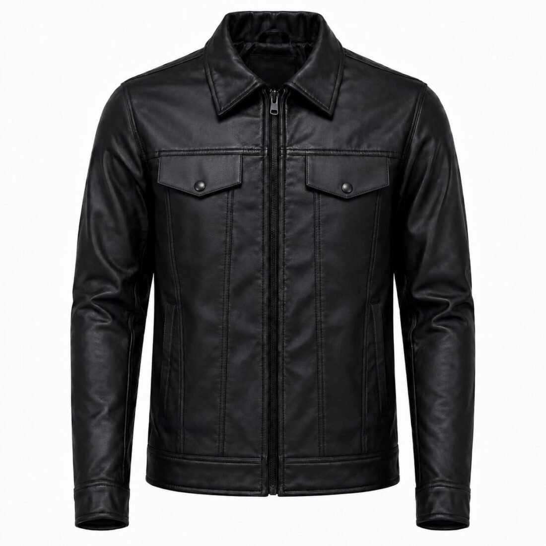 Men's Casual Black Faux Leather Jacket | Shirt Collar Fashion Jacket with Chest Pockets (IN, Alpha, Regular)