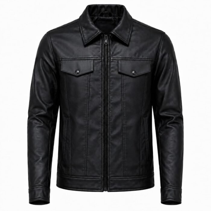 Men's Casual Black Faux Leather Jacket | Shirt Collar Fashion Jacket with Chest Pockets (IN, Alpha, Regular)