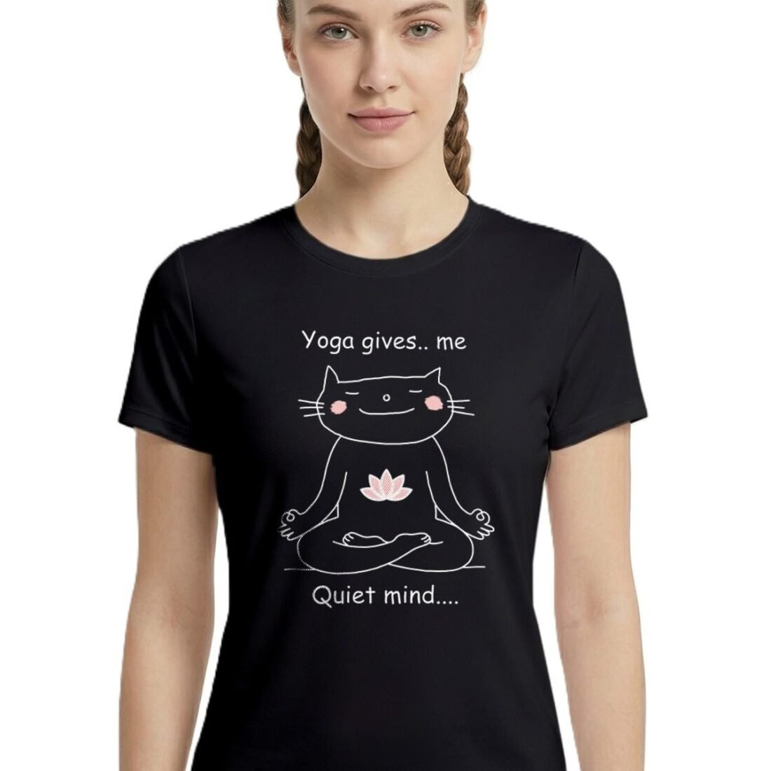 Yoga Tshirt for Women Cotton | Graphic Printed Yoga Round Neck Short Sleeves T-Shirt for Woman - WRN-Quiet-BLK