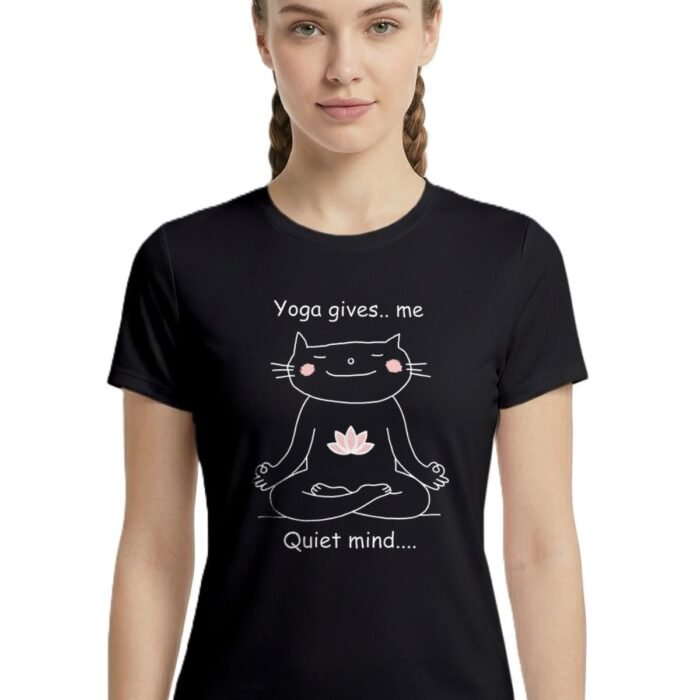 Yoga Tshirt for Women Cotton | Graphic Printed Yoga Round Neck Short Sleeves T-Shirt for Woman - WRN-Quiet-BLK