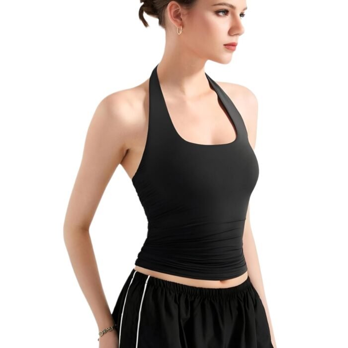 SOFTLINE Double Layer Seamless U Neck Halter Cuddle Baby Sleeveless Microfiber Active WEAR/Casual WEAR TOP for Women (in, Alpha, Plus, Black SOFTLINE)