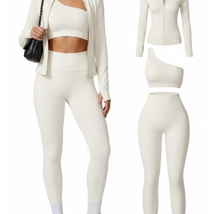 Women 3 Piece Seamless Workout Set Gym Yoga Sports Bra High Waisted Leggings Zip Up Jacket with Thumbhole Activewear, Apricot, Large