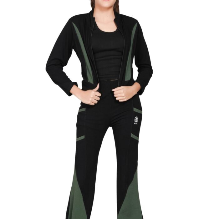 Women's Color Block Tracksuit Set 2 Piece Zip-Up Jacket and Jogger Pants, Athletic Sportswear Loungewear Set for Workout, Running, Casual Wear (Black/Olive)