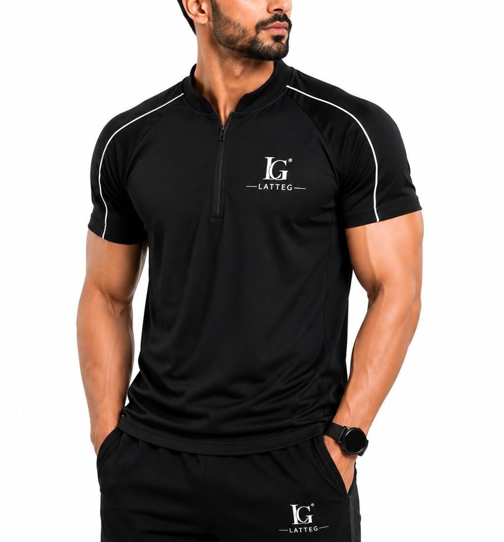 Latteg Men's Half Zip Mock Neck Sports T-Shirt Black