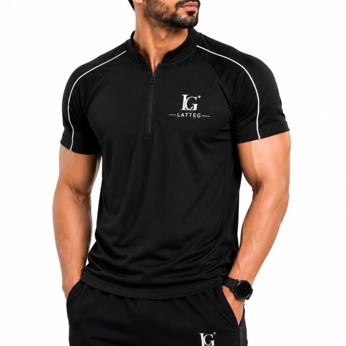 Latteg Men's Half Zip Mock Neck Sports T-Shirt Black