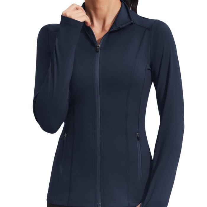 Women's Athletic Jackets Slim Fit Workout Jacket Full Zip Up Running Gym Yoga Sports Tops with Pockets, Navy, Medium