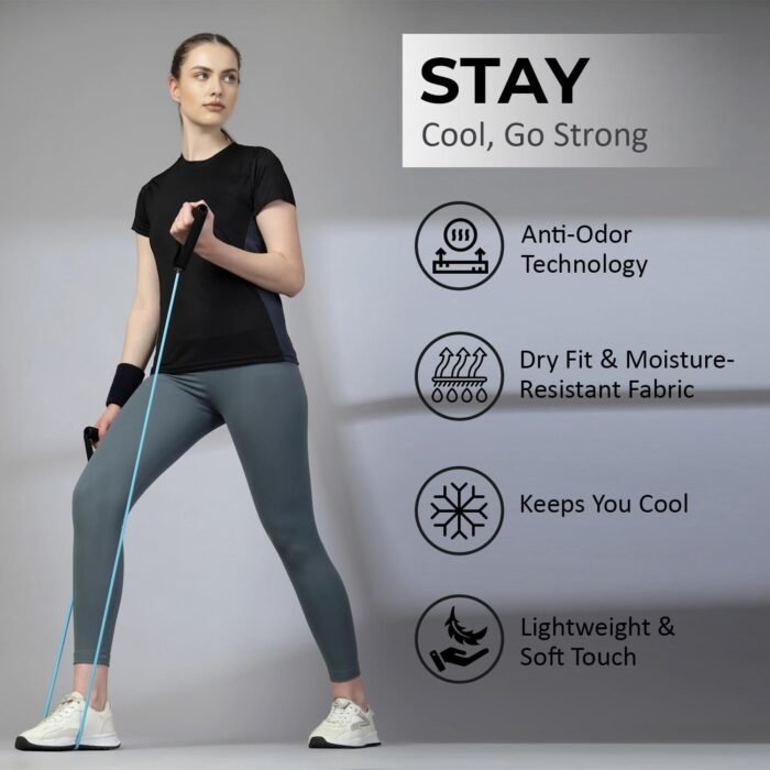 Women’s Solid Quick Dry Sports Half Sleeve Regular Fit Active Wear Gym Tshirt Round Crew Neck Breathable Side Mesh Panels for Running Workout and Fitness Black XL