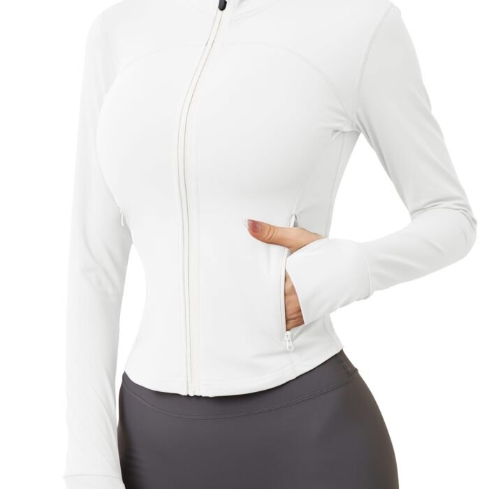 Women's Sports Jacket, Running Jacket, Long Sleeve Gym Tops, Yoga Fitness Sports Tops, Two Zip Pockets, Lightweight Training Jacket with Thumb Hole, White