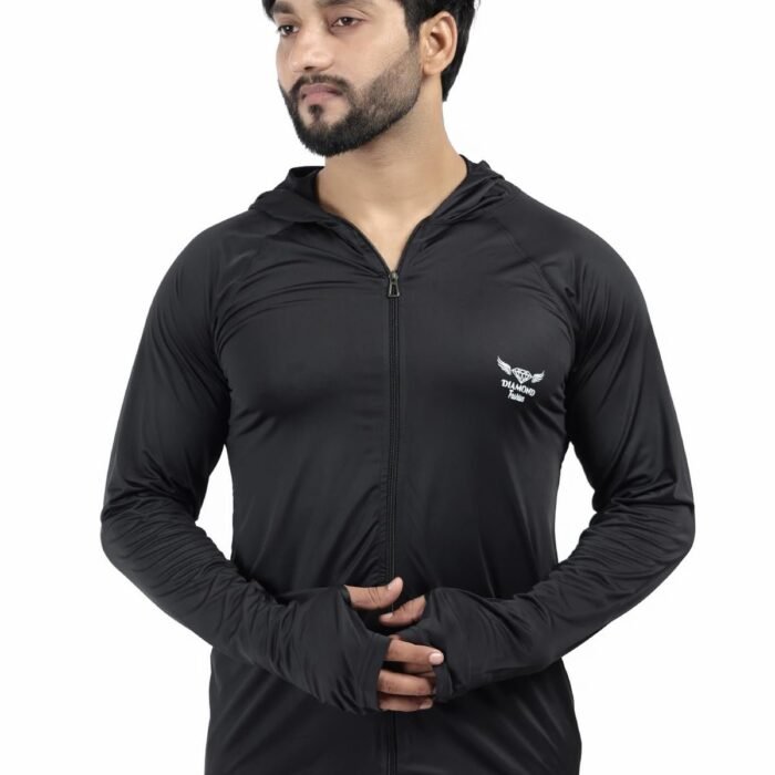 Diamond Fashion Men’s Gym Hoodie Jacket | Lightweight Stretchable Activewear for Workout, Running & Fitness | Quick Dry Full Zip Sports Hoodie for Men (in, Alpha, Regular, Black)
