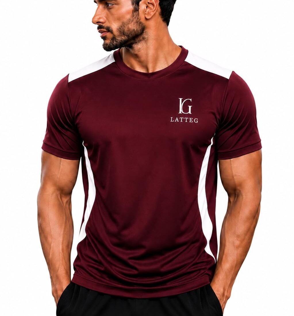 LATTEG Men's Athletic T-Shirt Maroon with Contrast Side Panel