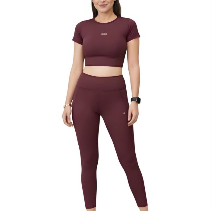 Women’s Gym Co-ord Set, 4-Way Stretch Sports Crop Top & High Waist Leggings Set, Stretchable Activewear Workout Outfit for Women, Yoga, Running, Fitness & Training