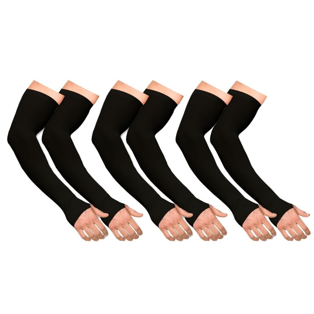 UV Protection Black Nylon Arm Sleeves with Thumb for Running Bike Riding & Cricket (2 Pair)