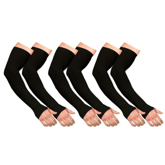 UV Protection Black Nylon Arm Sleeves with Thumb for Running Bike Riding & Cricket (2 Pair)