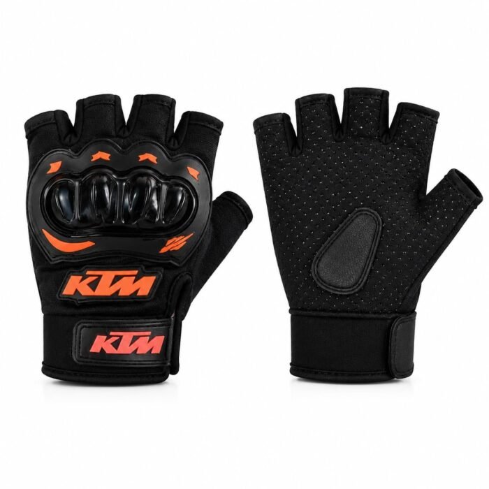 Half-Finger Biker Gloves, Black and Orange, Hard Knuckle Protection, Size L