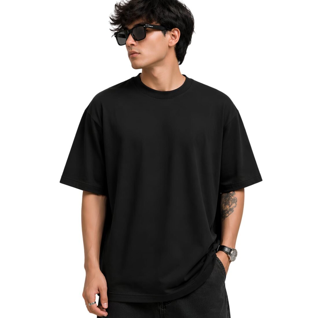 Oversized T Shirt For Men's Relaxed Fit Half Sleeve (Black)
