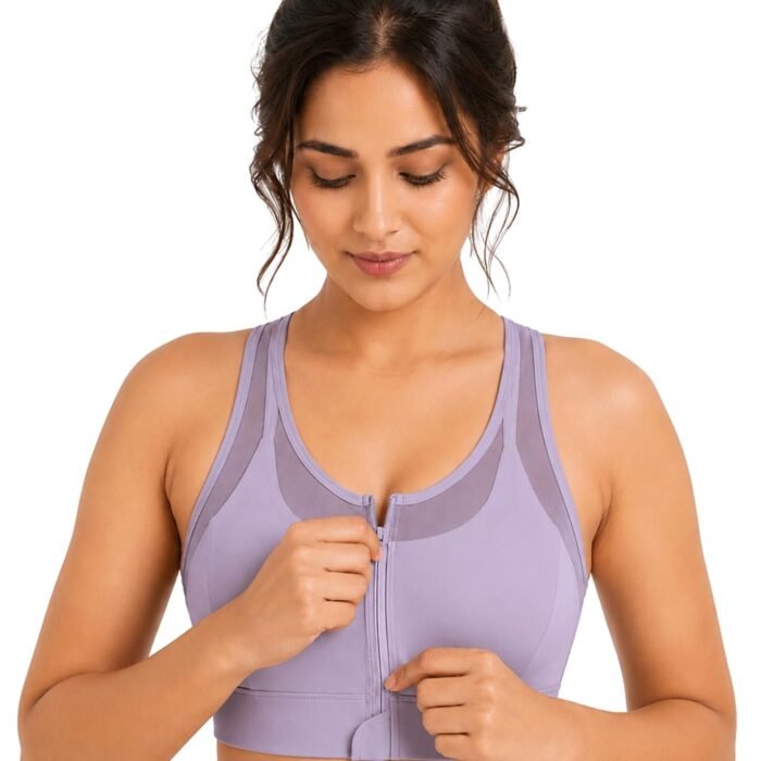 Women’s Full Coverage Front Zip Open Sport Bra – High Impact Support | Wire-Free Racerback Breathable Mesh Panel | Non-Slip Wide Strap Workout Bra for Gym,Yoga, Running & Fitness Lilac