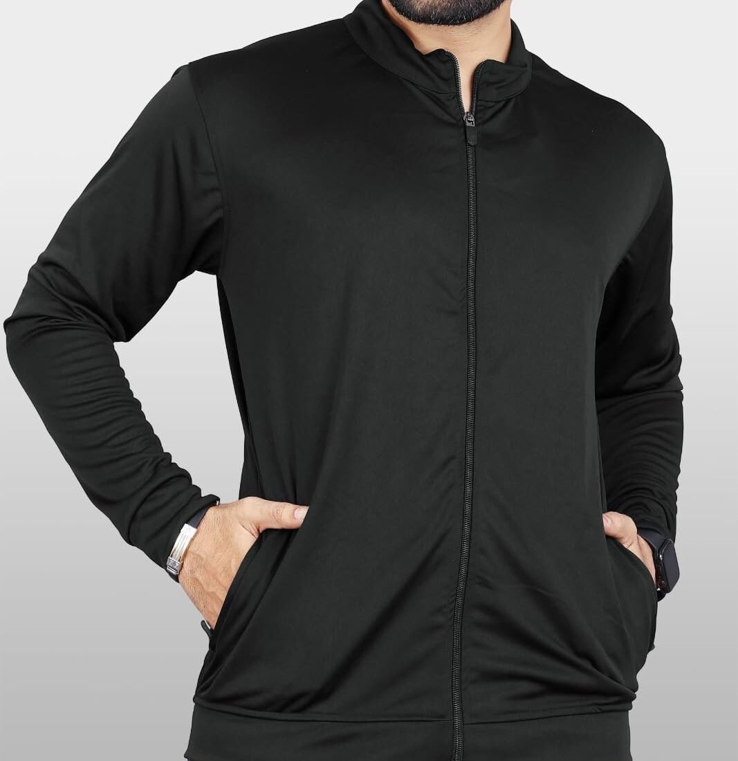 Men Solid Polyester Sports Jacket Long Sleeves Full Zip with Pocket Gym, Running & Travel Upper Wear (IN, Alpha, 2XL, Regular, black)